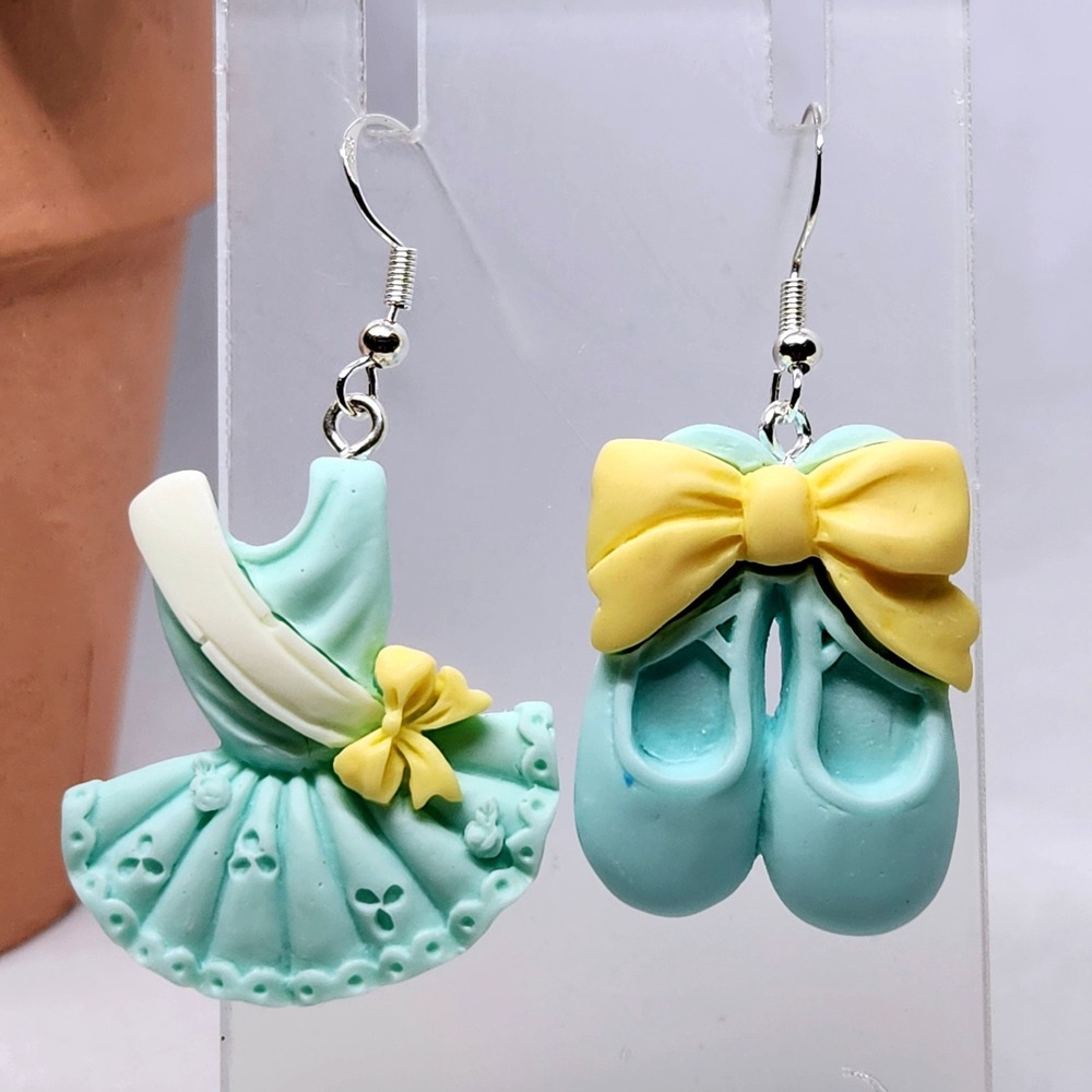 Handmade Ballet Tutu and Pointe Shoe Mismatched Dangle Earrings Blue Yellow Bows